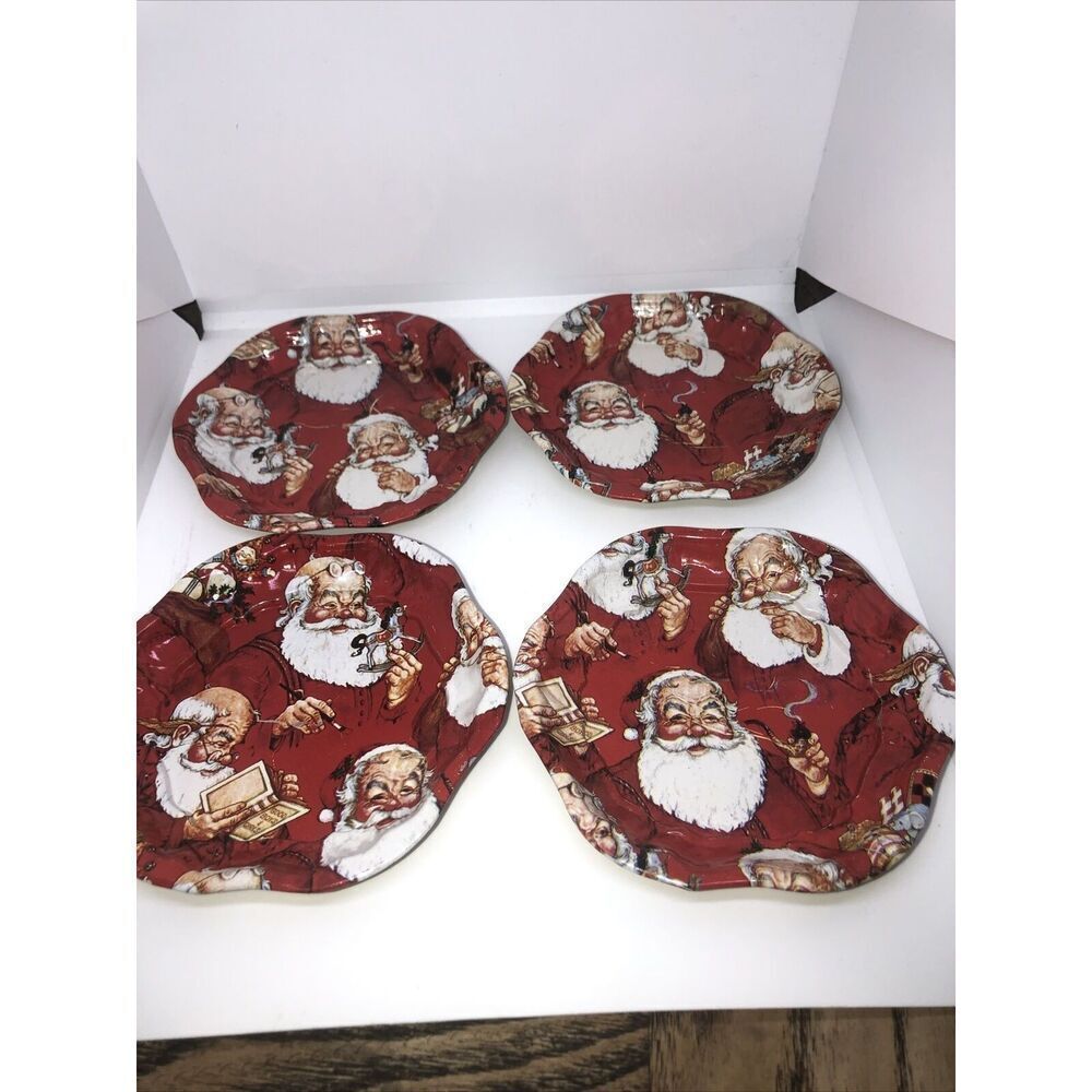 VTG Set Of 4 Santa Tin Plates Dish Christmas 4”x4”